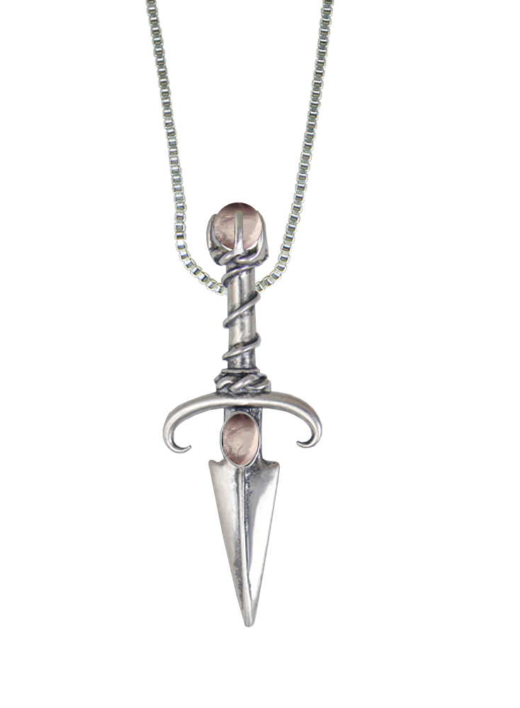 Sterling Silver Black Prince's Knife Dagger Pendant With Rose Quartz